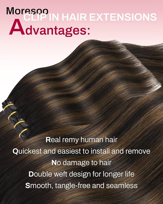 Moresoo Clip in Hair Extensions Real Human Hair Brown Balayage Clip in Extensions Human Hair Dark Brown to Chestnut Brown Full Head 7pcs 120g 20Inch