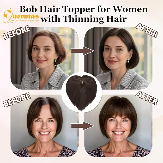 QUEENTAS Brown Hair Topper for Women with Thinning Hair Pieces 6"*6"Large Coverage 360°3D Cover Silver Synthetic Short Bob with 5 Clips in Wiglets(Brown)