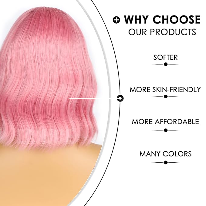LANICE Short Bob Pink Wigs with Bangs for Women Loose Wavy Hair Shoulder Length Wigs Synthetic Colorful Wigs for Cosplay Daily PartyUse(Pink,12inch)