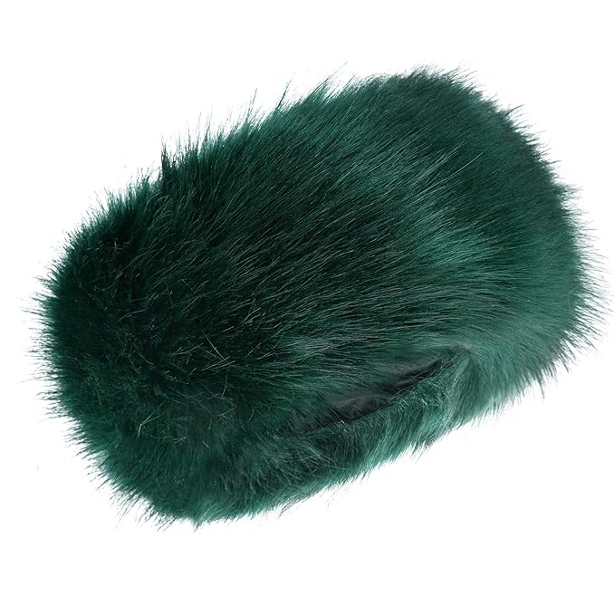 Faux Fur Headband for Women Elastic Fuzzy Thick Earmuffs Winter Headwrap Ear Muffs Furry Ear Warmers Cold Weather (Dark Green)
