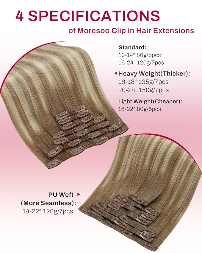 Moresoo Clip in Hair Extensions Real Human Hair Light Brown to Medium Blonde Balayage Clip ins Human Hair Extensions Double Weft Ombre Light Brown to Medium Blonde Thick 135g/7pcs 16in