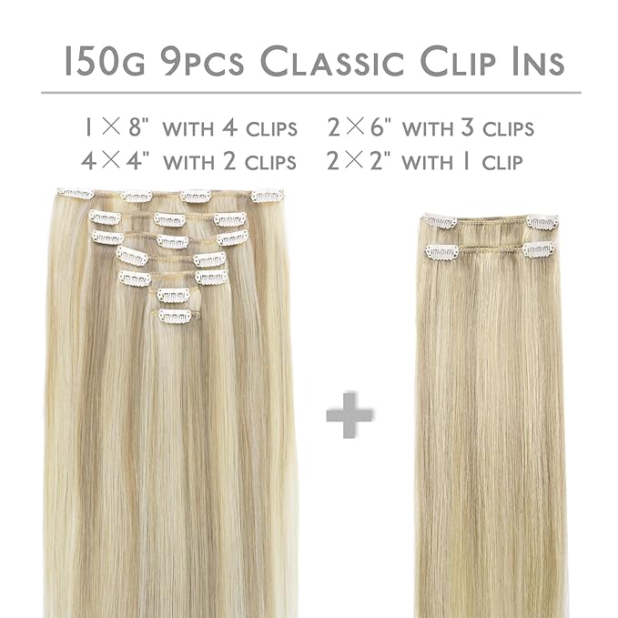 WENNALIFE Hair Extensions Clip In, 9pcs 22inch 150g Ash Blonde Highlighted Platinum Blonde Thicker Clip In Hair Extensions Real Human Hair Remy hair extension Double Weft Clip in Human Hair Extensions