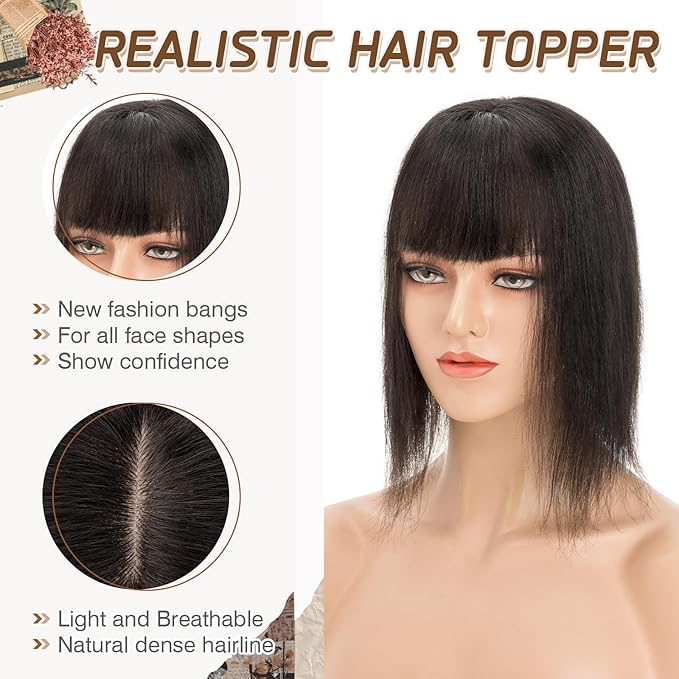 Rich Choices Real Human Hair Toppers for Women With Bang 100% Remy Human Hair Topper for Thinning Hair Clip in Silk Base Hair Topper 6 Inch #1B Natural Black