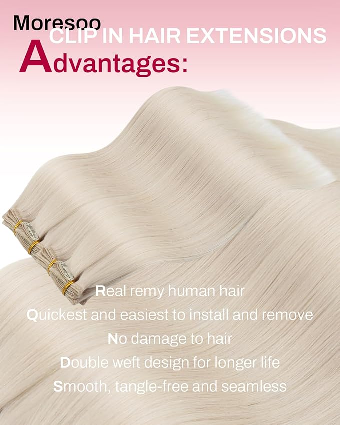 Moresoo White Blonde Clip in Real Hair Extensions Long Human Hair Clip in Extensions Blonde 20 inch Double Weft for Women Remy Human Hair Straight 80g/5pcs