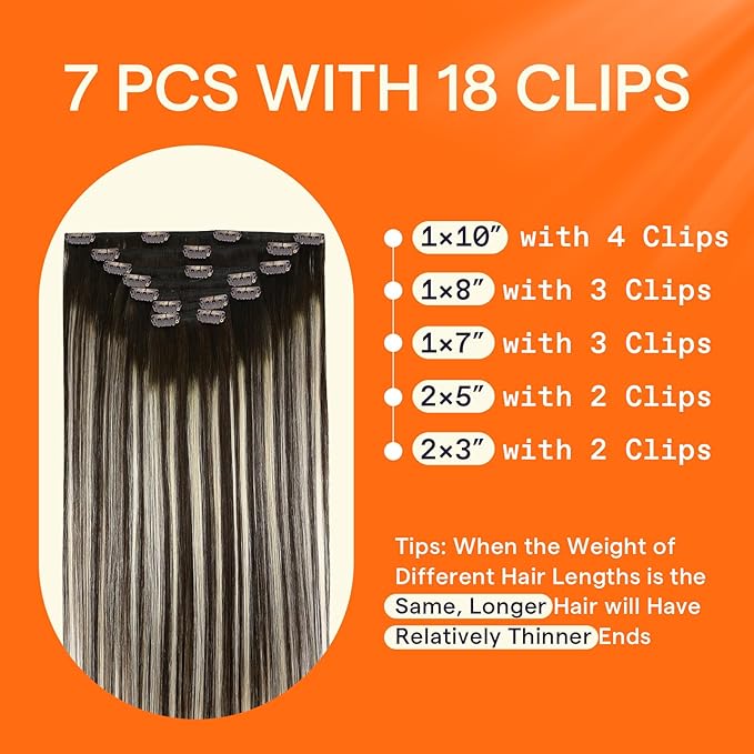 Full Shine Clip in Hair Extensions Real Human Hair Ombre Brown Remy Human Hair Clip in Extensions Balayage Dark Brown to Light Blonde Brazilian Hair Extensions 18 Inch 7 Pcs 120 G