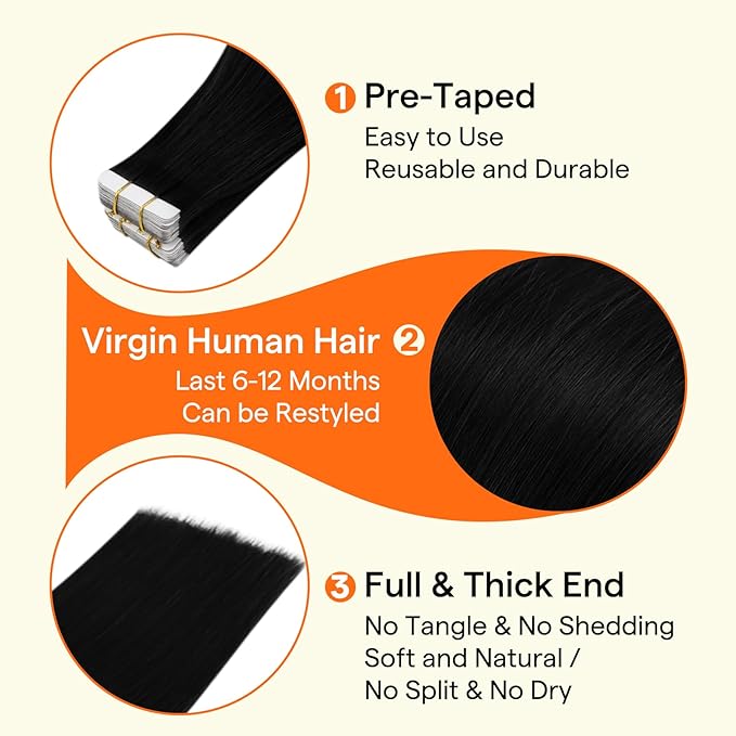 Full Shine Black Virgin Tape in Hair Extensions Human Hair Color 1 Jet Black 16 Inch Tape in Double Sided Seamless Hair Extension Invisible Skin Weft Hair 20Pcs 50Gram Add Volume for Thinning Hair