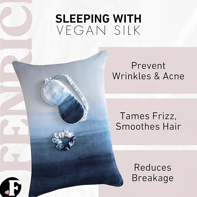 Fenrici Luxury Satin Pillowcase Gift Set – Includes Eye Mask & Scrunchie, Pure Vegan Silk for Hair & Skin Care, Elegant Blue Ombre Design, Standard Size, Gift for Mom, Daughter, Girlfriend!