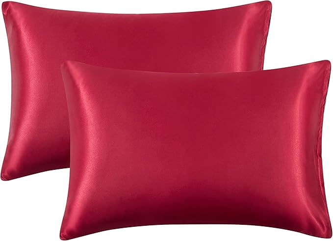 Wine Red Satin Pillowcase Standard Set of 2 with Envelope Closure，Wine Red Silk Pillowcase for Hair and Skin (20x26)