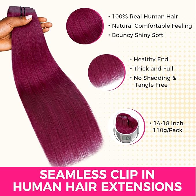 Lashey Seamless Clip in Hair Extensions Human Hair 110g 7pcs Burgundy #99j Straight 16 Inch Colored Clip in Human Hair Extensions for Women Invisible PU Weft