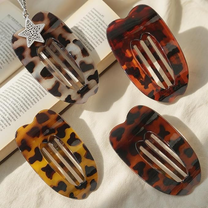 Large Flat Hair Clips for woman,4PCS French Flat Hair Claw Clips,Duckbill Hair Clips for Thick and Thin Hair,Matte No-Slip Hair Clip Strong Hold Barrettes (Leopard Color)