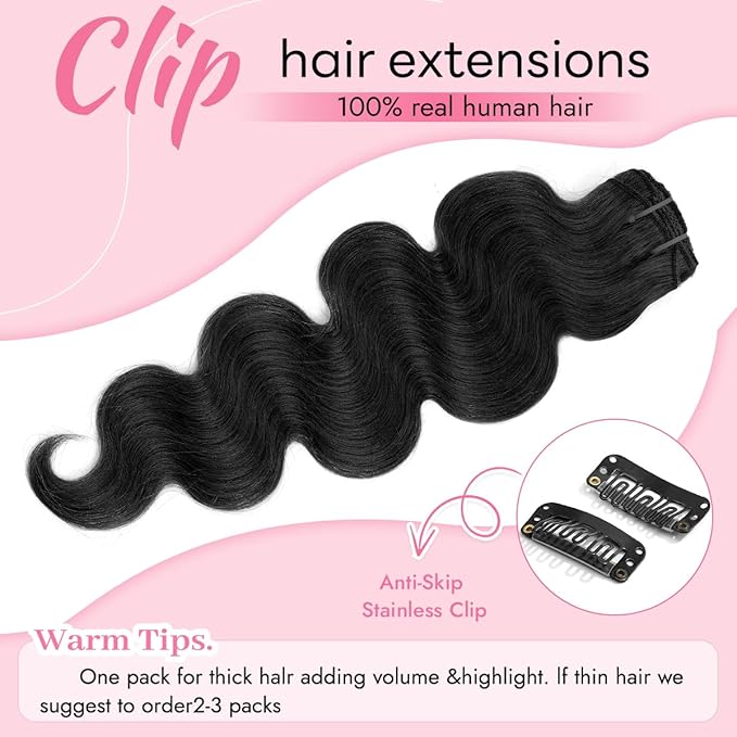 Clip in Hair Extensions Real Human Hair Body Wave 1 Jet Black Clip in 100% Brazilian Remy Human Hair Extensions 8pcs Per Set with 18 Clips Double Weft 22 Inch 110g/3.6oz