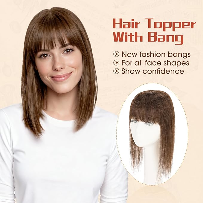 Rich Choices Human Hair Toppers for Women-100% Real Remy Hair Topper with 3D 360°Bang-Upgraded 150% Density 9 * 12CM Lace Base-Clip in Hairs topper for Thinning Hairs-14Inch #2R Chocolate Brown