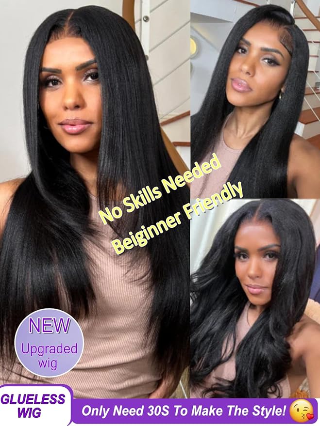 YIROO Bye Bye Knots Glueless Wig Yaki Straight Pre Cut 7x5 HD Lace Front Wig Human Hair Put On and Go Pre Everything Wig with Baby Hair Pre Bleached Invisible Knots 180% Density Easy to Wear 22inch