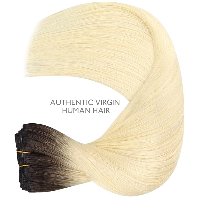 WENNALIFE Clip in Hair Extensions, 16 Inch 120g 7pcs Clip in Hair Extensions Real Human Hair, Ombre Light Dark Brown to Platinum Blonde Human Hair Remy Hair