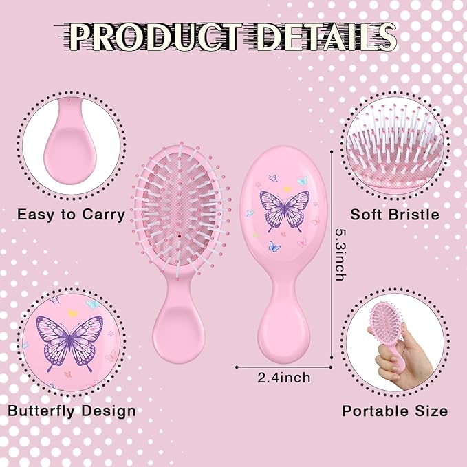 12 Pcs Butterfly Mini Detangler Brush, Mini Travel Hair Brush, Bristles Plastic Detangling Brush,No Tangle Soft Flexible Bristles for Straight, Curly, Thick Hair for Party Gift