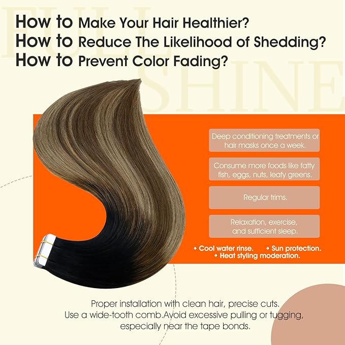 Full Shine Balayage Tape in Hair Extensions Black To Chestnut Brown And Honey Blonde Tape in Extensions for Women 16 Inch Skin Weft Hair Extensions Invisible Tape ins Human Hair 1b/6/27 50G 20Pcs