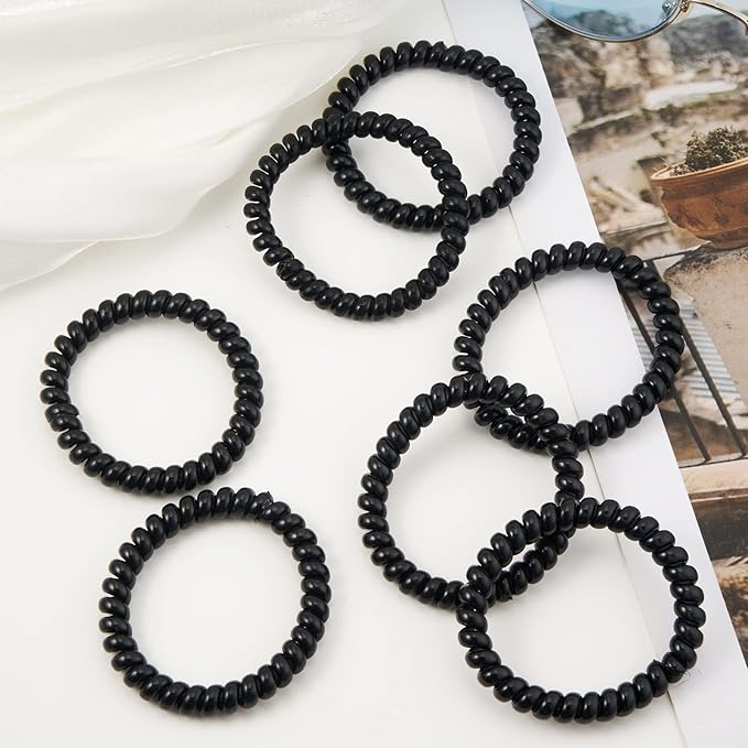 Spiral Hair Ties (Thin Black, 12 Pcs) - Plastic Spiral Coil Ponytail Holders for Women, No Crease Phone Cord Ties for All Hair Types