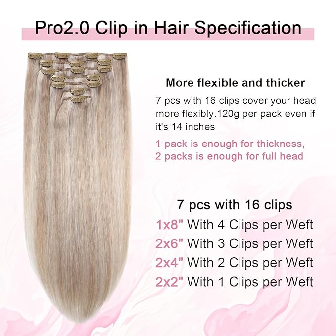 Pro2.0 Clip in Hair Extensions Real Human Hair 22inch 7pcs #18p1000 Ash Blonde with Bleach Blonde Real Hair Extensions Clip in Human Hair 120g Double Weft（#18P1000-22inch）