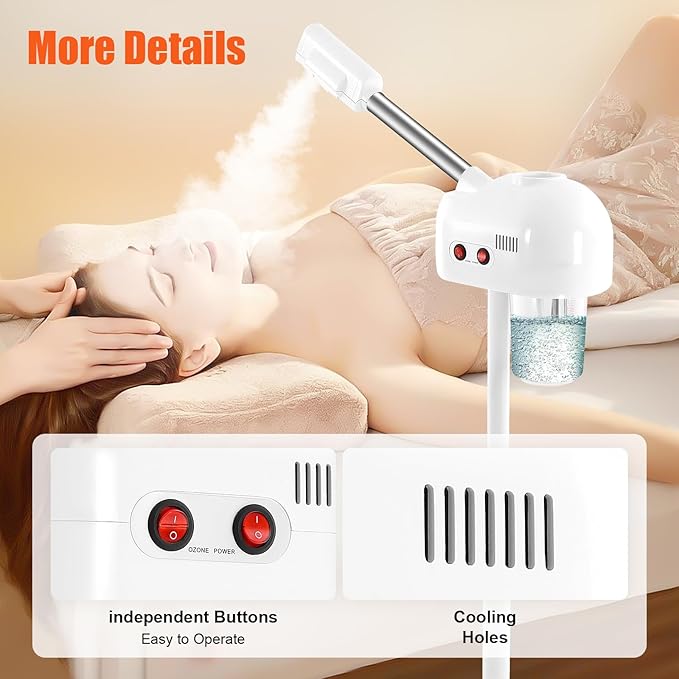 Professional Facial Steamer, 800W White Skin Care Equipment w/Wheels, 750ml Large Capacity Face Steamer Machine for Beauty Salon, Adjustable Height Hot Mist Steamer for Oily Dry Neutral Skin