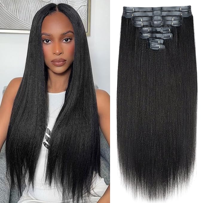 Seamless PU Yaki Straight Clip in Hair Extensions Real Human Hair For Women Invisible Yaki Straight Clip ins (22inch,#1B)