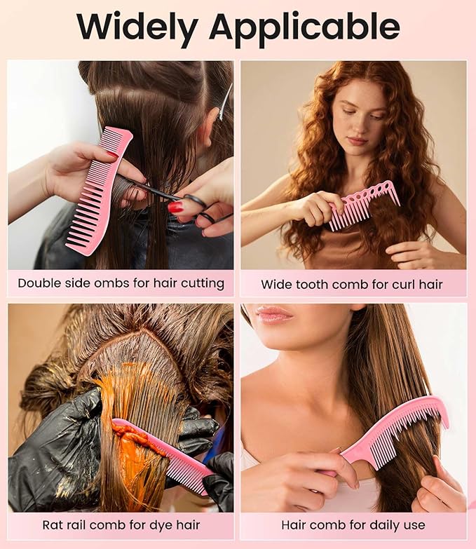 6PCS Professional Hair Comb Set for Women & Men Rat Tail, Wide & Fine Tooth Combs for Curly Hair, Braiding, Barber Styling, Cutting & Parting (Pink)