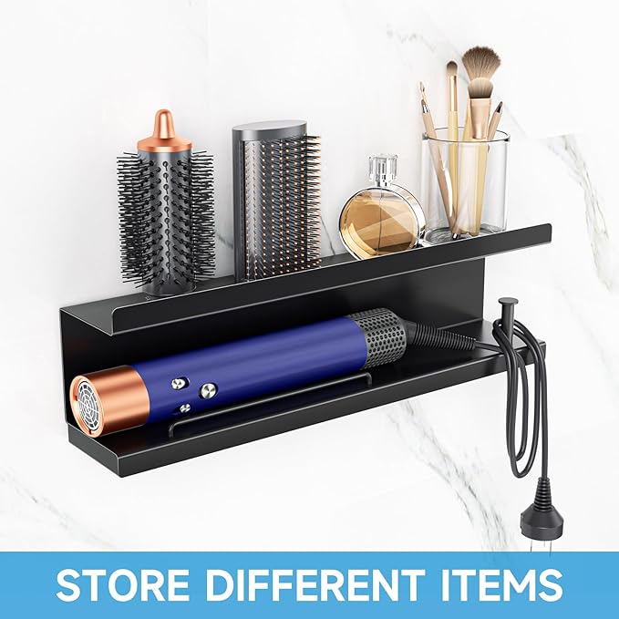 Hair Dryer Holder Wall Mounted Curling Iron Accessories Storage, Straightener Holder, Blow Dryer Holder Organizer, Adhesive Drilling Hair Tool Organizer for Bathroom (Black)