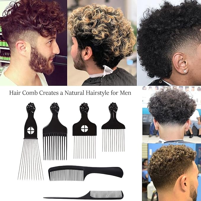 COOKOO 6 Pack Mixed Metal Afro Hair Pick Hair Comb for Women and Men for Thick Natural Curly Hair Detangle Wig Anti Static Styling Comb Pick