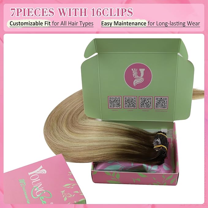 YoungSee Clip in Human Hair Extensions Balayage Walnut Brown Ombre Light Brown with Blonde Clip in Hair Extensions Balayage Human Hair Clip in Extensions Dyable Remy Hair 14Inch 7Pcs 120G