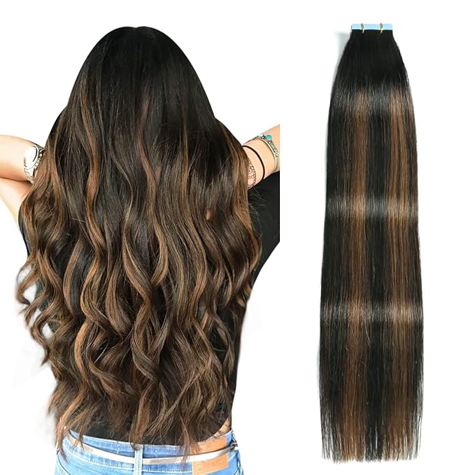SUYYA Tape in Hair Extensions Human Hair Balayage Natural Black to Chestnut Brown 14 Inch 40g/pack 20pcs Straight Seamless Skin Weft Tape in Real Human Hair Extensions(14inch #P1B/6/T1B)
