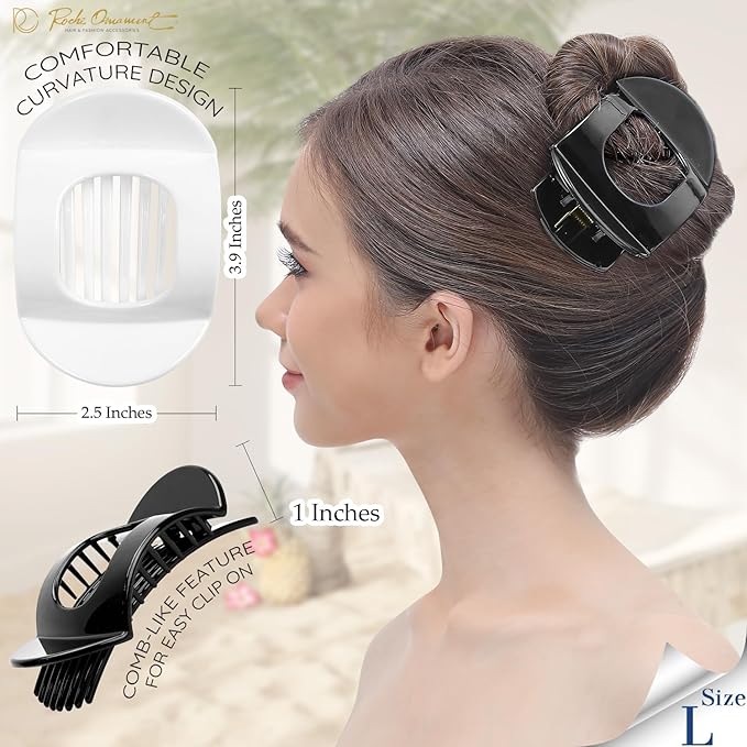 RC ROCHE 6 Pcs Flat Claw Hair Clips for Women Thick Hair French Round Duckbill Square Secure Strong Hold Grip Clamps Barrettes Curved No Slip No Crease Styling Cute Extra Jumbo XL, Large Black & White