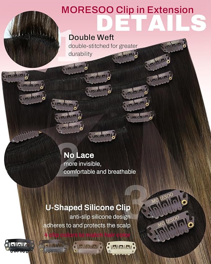 Moresoo Balayage Real Hair Extensions Clip in Human Hair Ombre Remy Double Weft Clip in Human Hair Extensions for Women Dark Brown to Golden Brown with Dark Ash Blonde 7pcs 120g 22inch