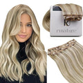 RUNATURE Clip in Extensions Real Human Hair Highlight Hair Extensions Clip Ins, Double Weft Straight Remy Hair, Can Be Styled 14 Inch 50g 3pcs #8P60 Light Brown Highlight Platinum Blonde