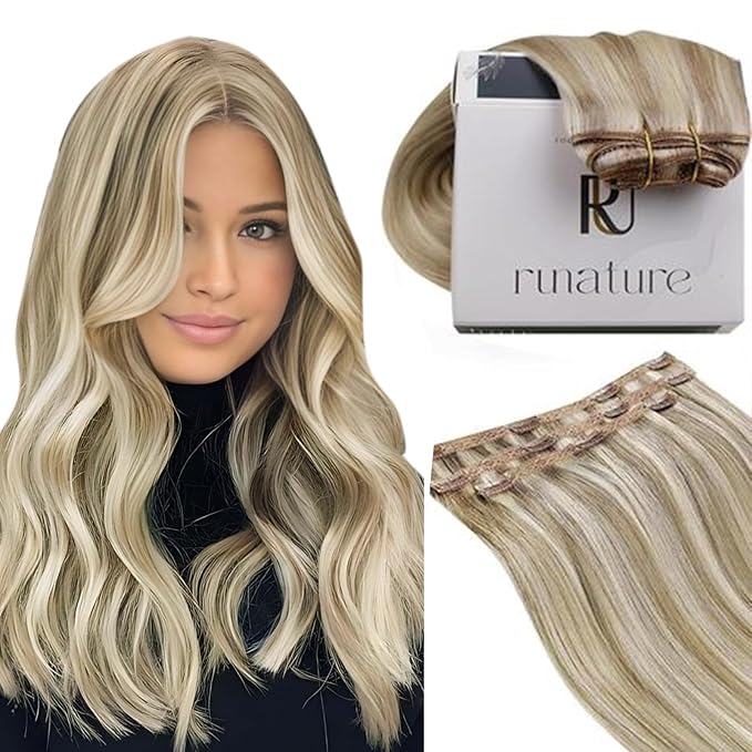 RUNATURE Clip in Extensions Real Human Hair Highlight Hair Extensions Clip Ins, Double Weft Straight Remy Hair, Can Be Styled 14 Inch 50g 3pcs #8P60 Light Brown Highlight Platinum Blonde