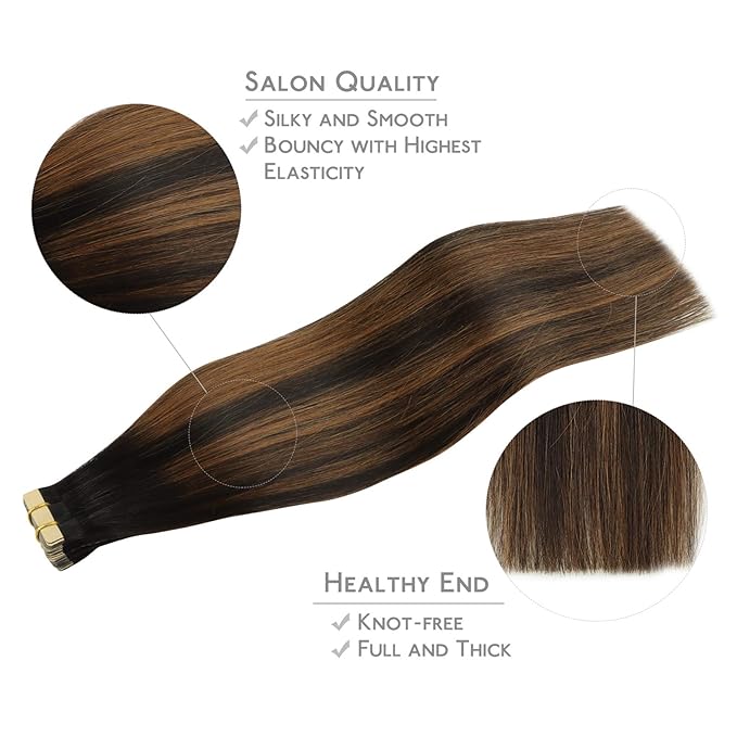 WENNALIFE Tape in Hair Extensions Human Hair, 20pcs 50g 16 inch Natural Black Mixed Chestnut Brown Remy Hair Extensions Straight Human Hair Tape in Extensions Skin Weft Tape Extensions Human Hair