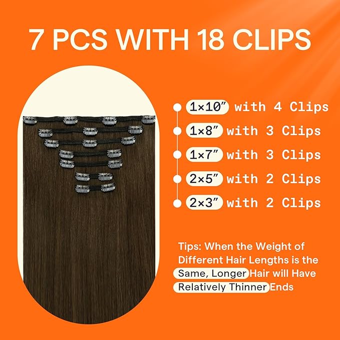 Full Shine Clip in Hair Extensions Brown Human Hair Extensions Clip ins Medium Brown Straight Brazilian Hair Extension for Thin Hair 20 Inch 7 Pcs 120 G
