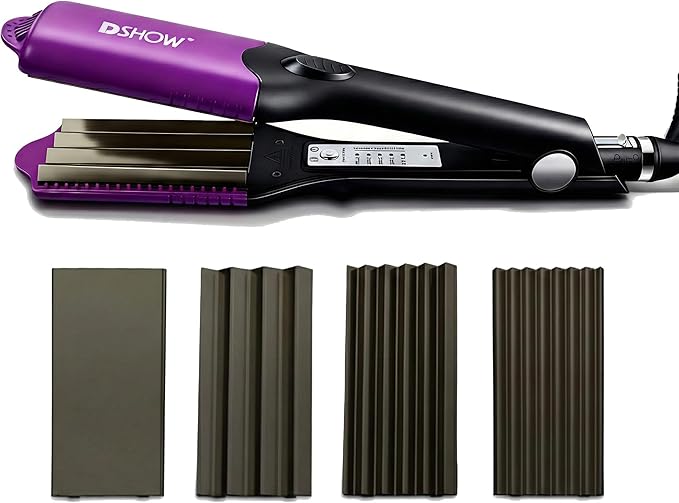 DSHOW Hair Crimper for Women with 4 Interchangeable Plates, Crimper Hair Iron Volumizing Flufft Hairstyle Crimping Iron for Hair with 5 Heat Settings & 60 Min Auto Off