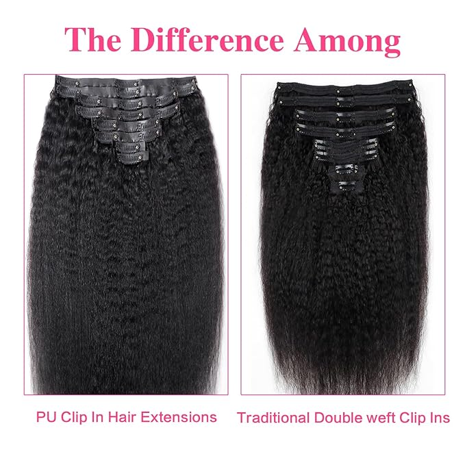 New Seamless Kinky Straight Clip In Hair Extension Real Human Hair 16 Inch PU Weft Kinky Straight Clip Ins Human Hair Clip on Hair Extensions 8pcs with 18Clips Per Set 120g