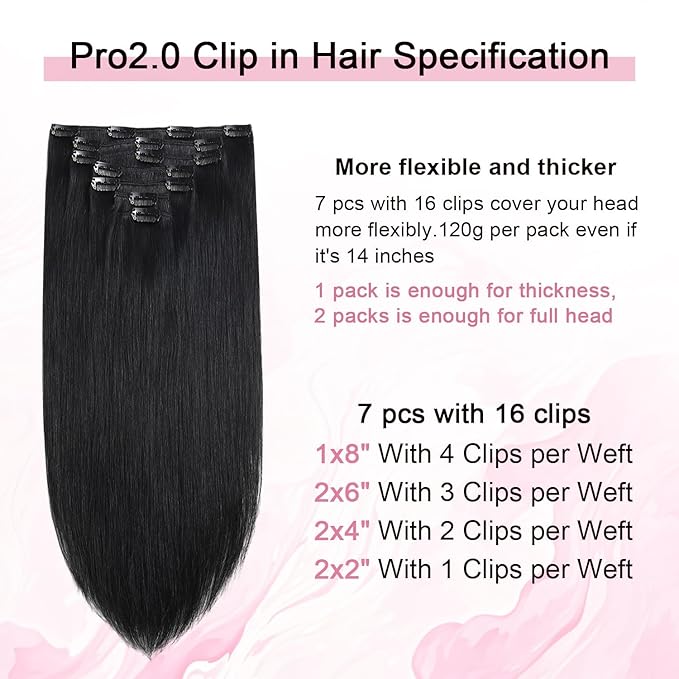 Pro2.0 Clip in Hair Extensions Real Human Hair 20inch 7pcs Color #1 Jet Black Remy Real Human Hair Extensions Clip ins 120g Thick Seamless Double Weft for Women（#1-20inch）