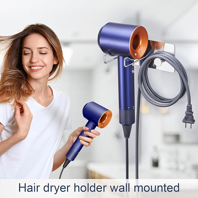 Blow Dryer Holder Wall Mounted, Hair Dryer Holder, Stainless Steel Hair Tool Organizer, Adhesive Hair Dryer Hook for Wall, Bathroom Hairdryer Holder for Blowdryer Storage