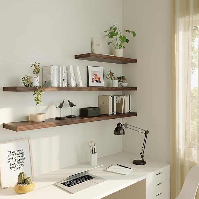 Large Floating Shelves for Wall Set of 3 Wooden Wall Shelves 36 in x 12.75 in x 2 in Room Decor Long Shelf with Invisible Wall Mount Bracket for Bedroom Kitchen Living Room Walnut