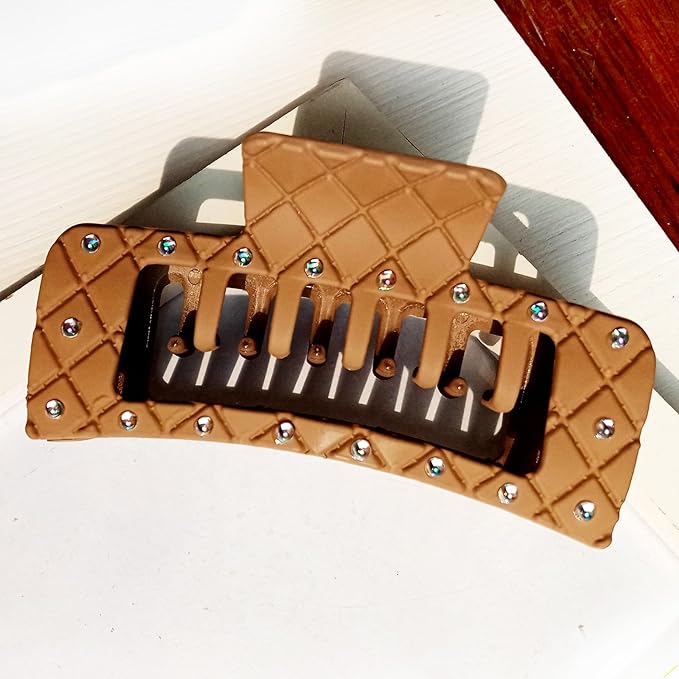 Bling bling Rhinestones Square Hair Clips Double Row Teeth,2 Rows Teeth Rectangle Hair Claw Clips with Shiny Rhinestones,Women Girls Sparkly Thick Hair Accessories Set(beige coffee chocolate)