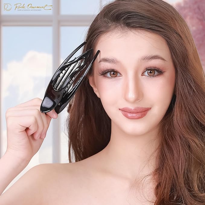 RC ROCHE 6 Pcs Flat Hair Clips Big Claw for Thick Hair French Duckbill Women No Slip Side Slide Curved Alligator Concord Strong Grip Hold Volume Lay Down Clamp, Medium Black