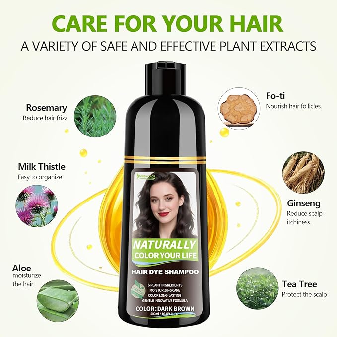 Dark Brown Hair Dye Shampoo for Women & Men, 15 Min Gray Coverage, 3 in 1 Semi-Permanent Color with Natural Herbal Ingredients, Lasts 60 Days