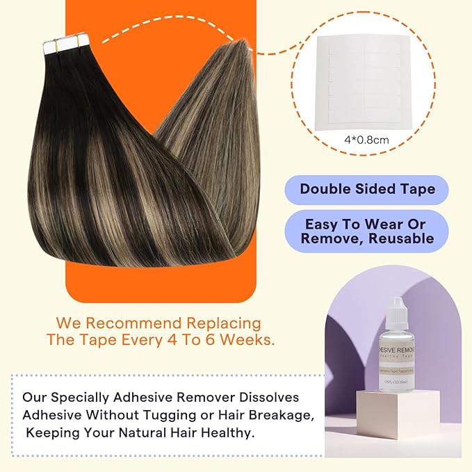Full Shine Tape in Extensions Color 1B/27/1B Black with Blonde Human Hair Extensions Tape Ins 18 Inch Ombre Remy Extensions 20PCS Seamless Tape Hair Extensions Real Human Hair 50g for Party