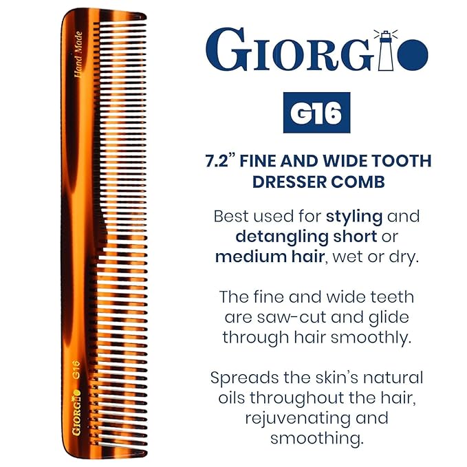Giorgio G16 Fine Tooth and Wide Tooth Detangler Comb - Hair Comb for Men and for Women - Ideal as a Hair Styling Barber Comb and Detangler - Saw Cut and Handmade (Tortoiseshell)
