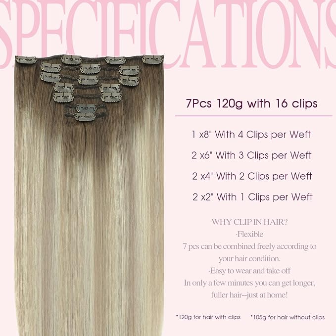 PINKPEARL Clip in Hair Extensions Real Human Hair, 18 Inch 120g 7pcs Human Hair Extensions Clip In, #8/60/18 Balayage Ash Brown to Platinum Blonde and Ash Blonde(#8/60/18-18)