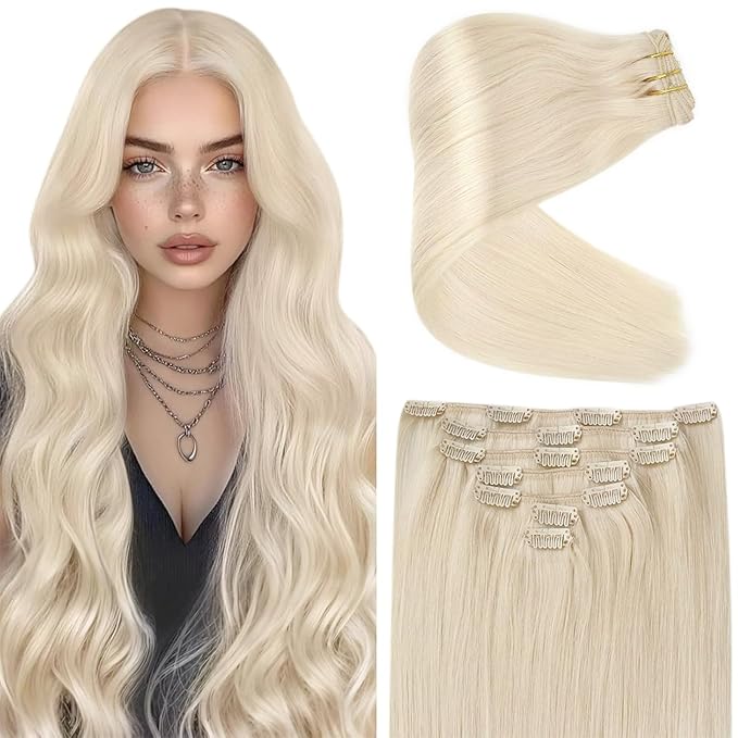 Ve Sunny Clip in Human Hair Extensions Soft Human Hair Clip in Extensions Platinum Blonde Clip in Hair Extensions Short Straight Hair Extensions Clip ins White Color 5pcs 80g 12inch