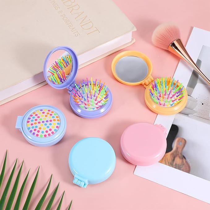 20 Pcs Folding Travel Hair Brushes with Mirror Round Folding Pocket Hair Brush Portable Mini Colourful Pop Up Hairs Brushes for Women Girls Men Makeup Operation Christmas