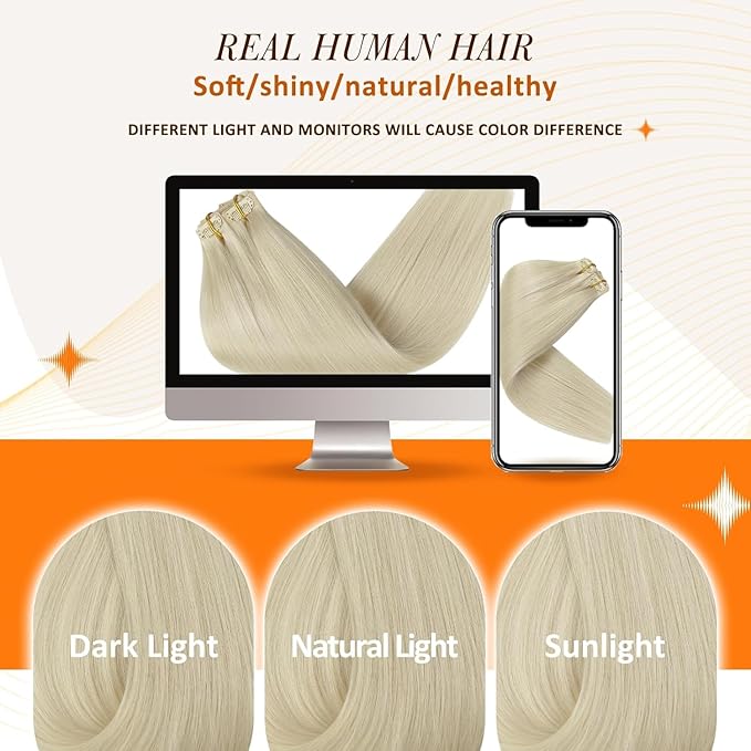 Full Shine Seamless Clip in Hair Extensions Human Hair Blonde 24 Inch Clip in Human Hair Extensions Remy Hair Platinum Blonde Hair with PU Weft 8 PCS 120 G
