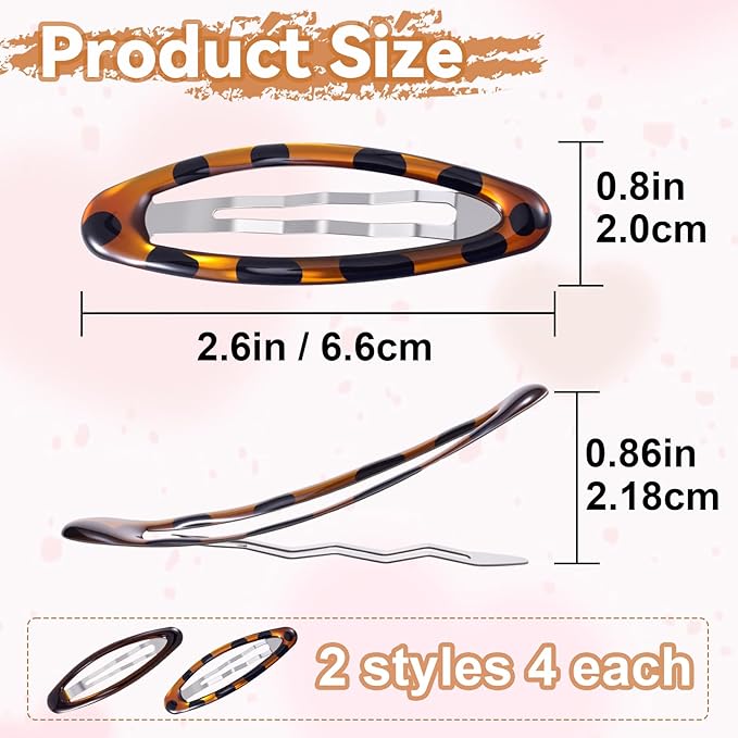 8 Pcs Hair Metal Barrettes for Women, Oval Large Barrettes, Small Snap Hair Clips for Women, Flat Non Slip Large Hair Clips (Black & Tortoise)